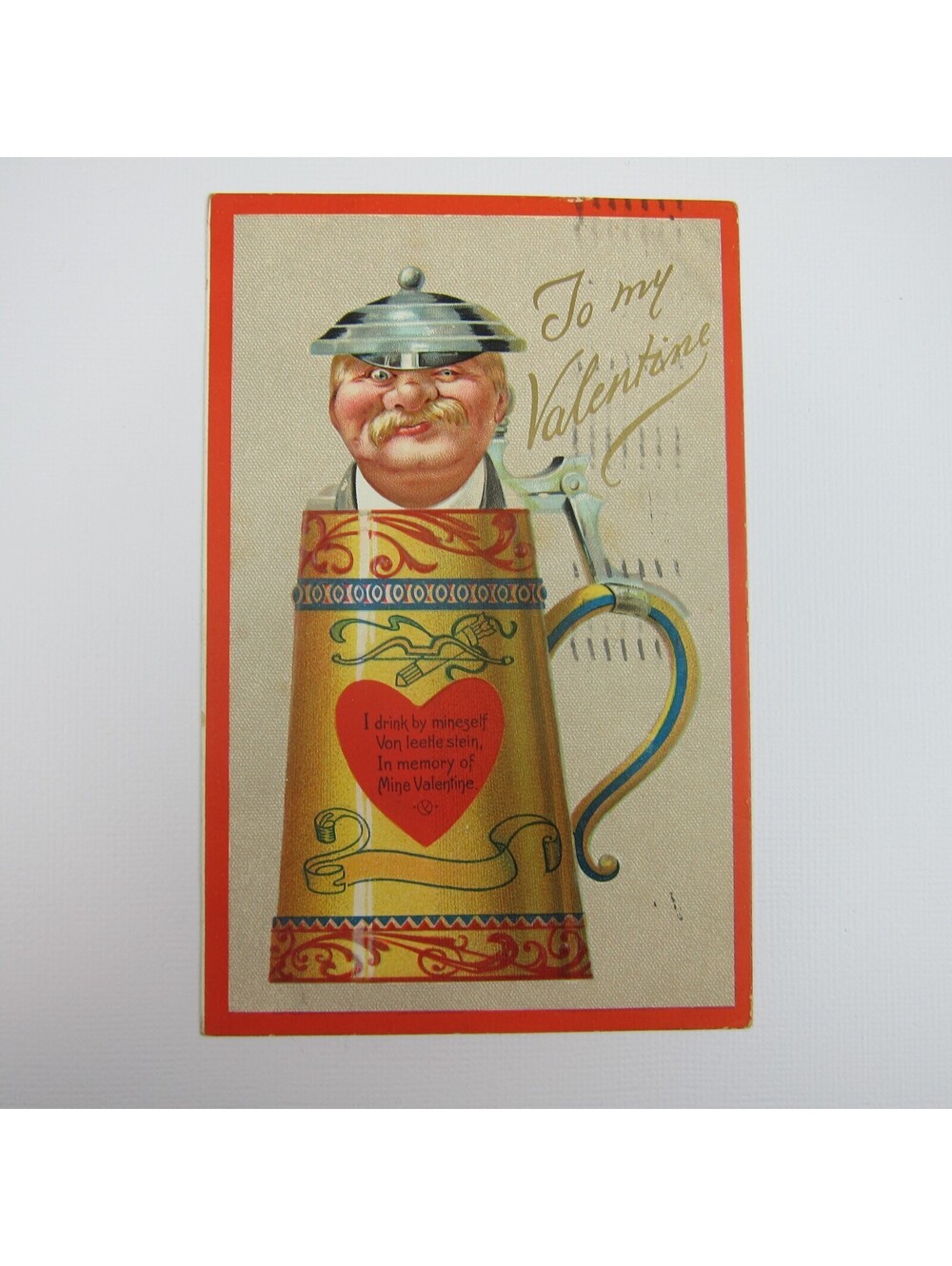 Postcard Valentine Blonde Man Moustache in German Beer Stein Mug Antique 1911